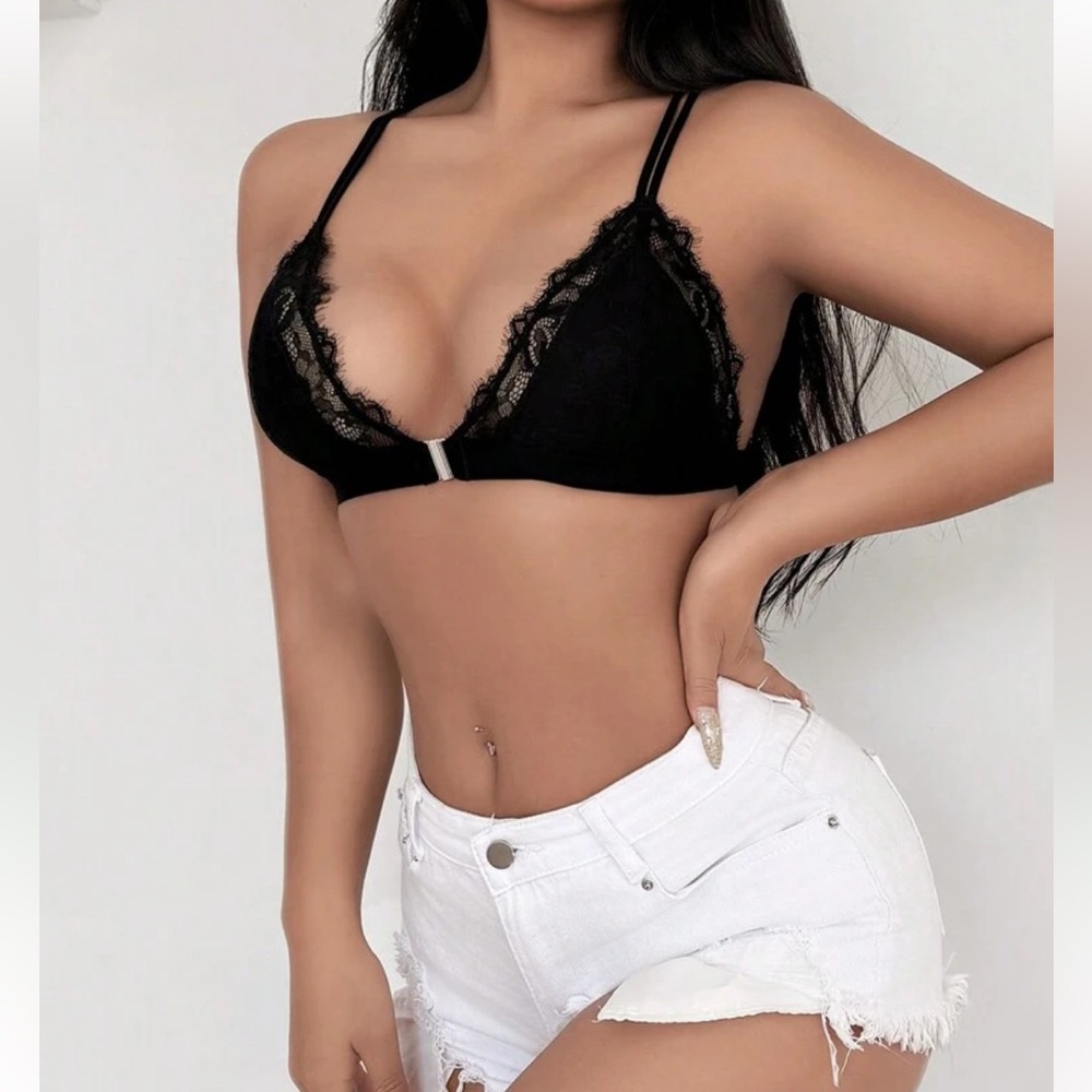 SHEIN Women Sexy Fashion Lace Splice Front Closure Bra Black 12(XL)